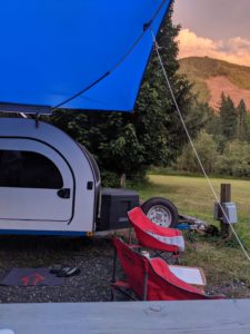 The awning by Shady Boy is an optional add-on for the DROPLET small camper
