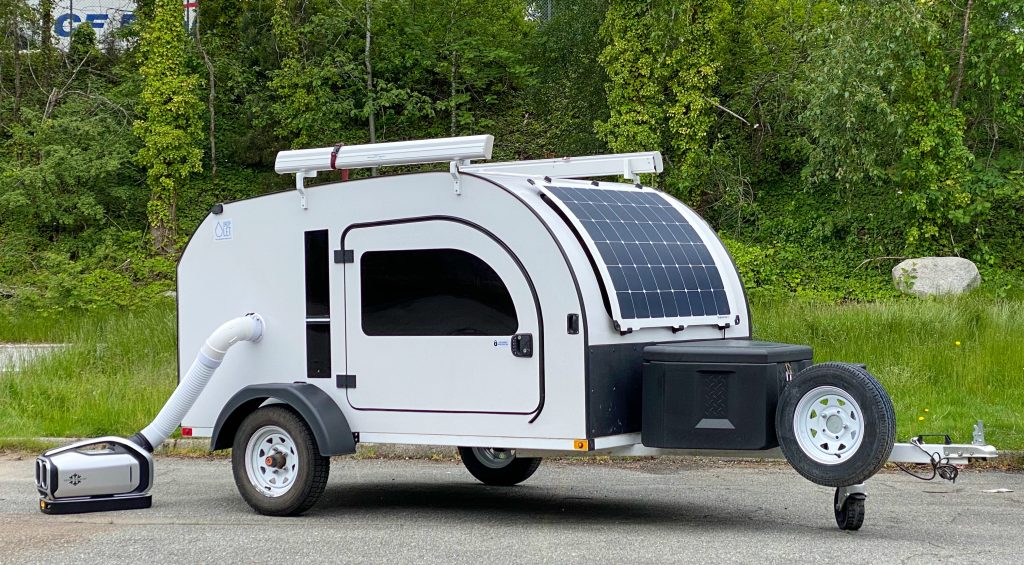 A DROPLET teardrop camper with the AC duct installed.