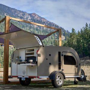 Droplet XL at Yalakom A DROPLET XL sits at a campsite in BC, with its chef-ready kitchen open.