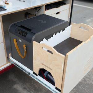 Removable tray for DROPLET teardrop trailers—adds a second shelf and boosts drawer storage
